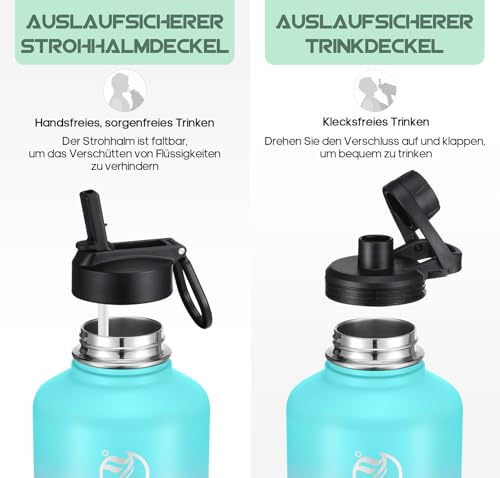 HydroPal Edelstahl Isolierflasche, 1,9LTrinkflasche mit Strohhalm 2 Deckel – Ansicht 2