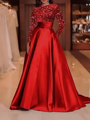 Long Sleeve Prom Dresses Sequin Satin Formal Gowns Round Neck Evening Dress A-Line Ball Gown with Pockets2