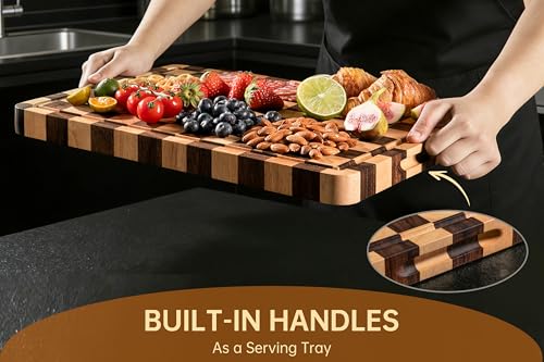 Image of THETCHRY Cutting Boards for Kitchen, Checkered Cutting Board Thickened, Walnut & Rubber Wood Chopping Board with Juice Groove & Handle, Double-sided Butcher Block with Gift Box, 16.5 inch x 11.6 inch x 1.2 inch