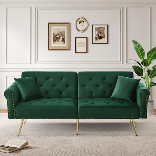 KOMHTOM Sofá cama con respaldo ajustable en 3 posiciones, elegante sofá de 2 plazas con 2 cojines y función de sueño, para sala de estar, dormitorio (antiguo Green)
