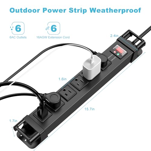 HEZI Extensión IPX6 impermeable para exteriores con protector contra sobretensión de 1200J, color negro, cable de 1.83 m miniatura 3
