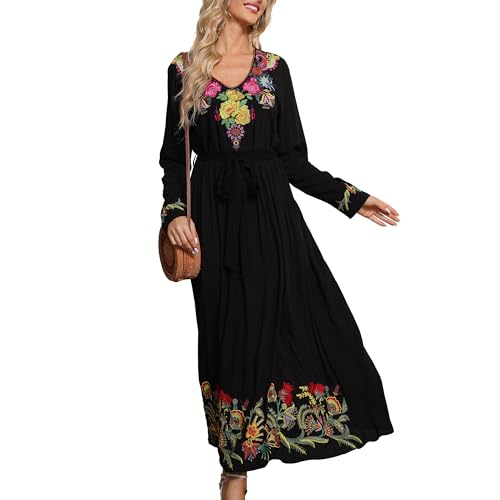 Grosy Women Long Sleeve Embroidered Mexican Dress for Fall Spring Peasant Traditional Floral Boho Smocked Maxi Dresses4