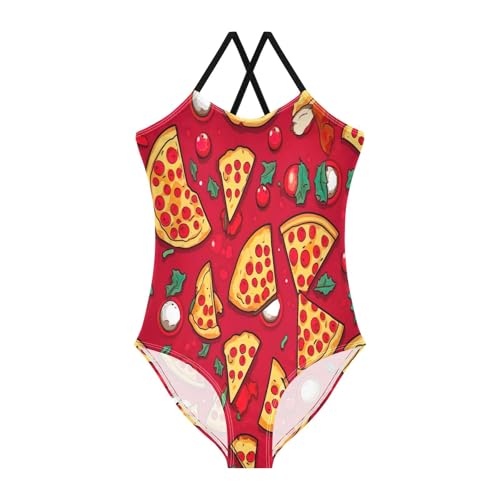 Cartoon Pizza Red Swimming Suit for Girls, Beach Swim Suits Kids, 3-10T Girls Athletic Swimsuit
