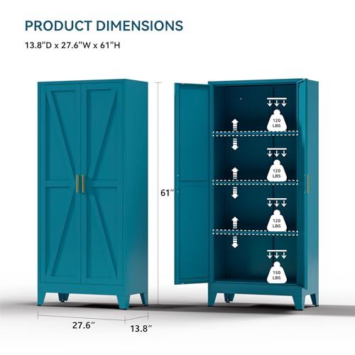 Image of Farmhouse Pantry Cabinet with Barn Doors,61 inch H x 27.5 inch W,Metal Cabinet with Adjustable Shelves,4-Tier Storage Cabinet for Kitchen Dining Room Garage,Blue 1 Pack