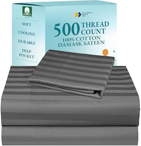 California Design Den 500-Thread-Count Twin Size Sheet Set - 100% Cotton Sateen Weave, 3 Piece Grey Bed Set, Dobby Damask Stripe Comfortable Bed Sheets, Deep Pocket Fits Mattress 15 Inches