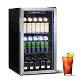 Stopasd Compact Beverage Refrigerator, 3.2 Cu.Ft/126 Can Drink Fridge with Adjustable Shelves & Glass Door for Soda Wine Beer, Quiet Undercounter Small Fridge for Home/Office/Bar/Garage,Sliver