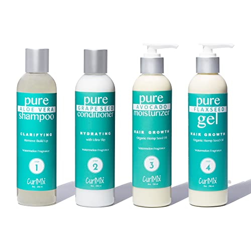 CurlMix Curly Hair Wash and Go System - Watermelon Fragrance - Clarifies, Moisturizes, and Strengthens Ethnic, Natural, and 4C Hair - Organic, Handmade Shampoo, Conditioner, Moisturizer, Softening Gel - Paraben Free - Sulfate Free - 8oz - (Set of 4)