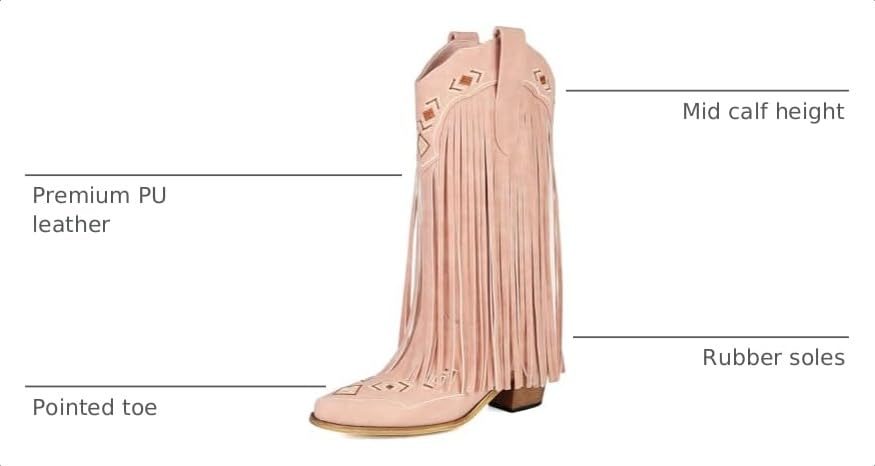 Image of Embroidered Fringe Cowboy Boots for Women, Pull On Mid Calf Chunky Block Heel Pointed Toe Western Cowgirl Boots Riding Country Boot Retro Boots