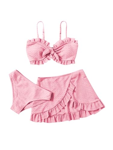 Image of SHENHE Girl's 3 Piece Cute High Waisted Ruffle Trim Swimsuit Bikini Sets with Beach Skirt