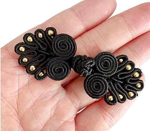 PEPPERLONELY 10 Pairs Chinese Closure Buttons, Knot Frog Buttons Closure Sewing Buttons Fastener for DIY Sewing Coats Cheongsam Cloak Sweater, 6 x 2.3cm, Black/Gold Bead