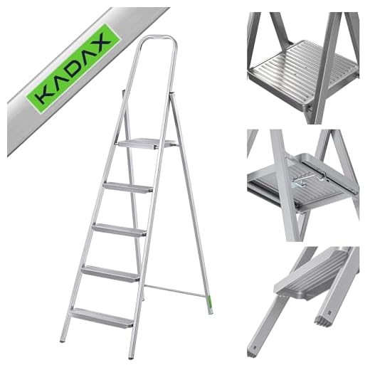KADAX Eenzijdige stalen ladder met antislip voeten, treden met plank, inklapbaar, met brede treden (5 treden)