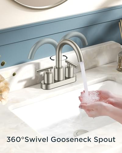 Image of FORIOUS Brushed Nickel Bathroom Faucet 2 Hole, 4 Inch Centerset Bathroom Sink Faucet Brushed Nickel with Pop-up Dain, 24 inch CUPC Hoses, 360 Swivel Gooseneck for RV Basin