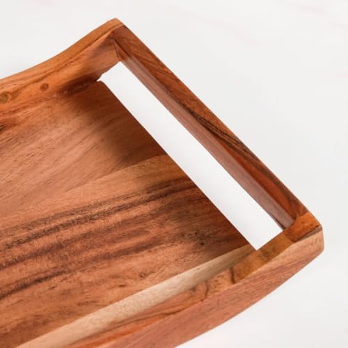 Image of Nestasia Wooden Serving Tray with Handles (30x20cm) - Acacia Wood Rectangular Brown Tray for Dining & Coffee Table | Platter for Serving Tea, Cakes, Snacks, Breakfast & Home Decor (Caramel Brown)