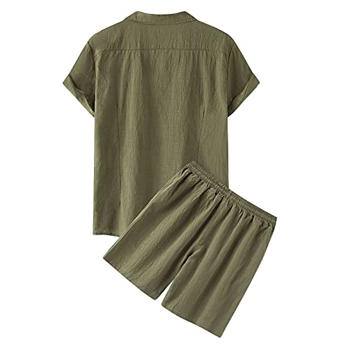 Camisa y pantalones cortos, camiseta de playa, pantalones cortos, juego de dos piezas, traje de lino para verano, traje de ocio, monocolor, 2 piezas, manga corta, botones, solapa, algodón, lino, traje