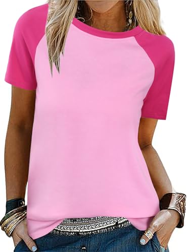 Remidoo Womens Color Block Short Sleeve T Shirt Summer Casual Loose Fit Tee Top Pink Medium