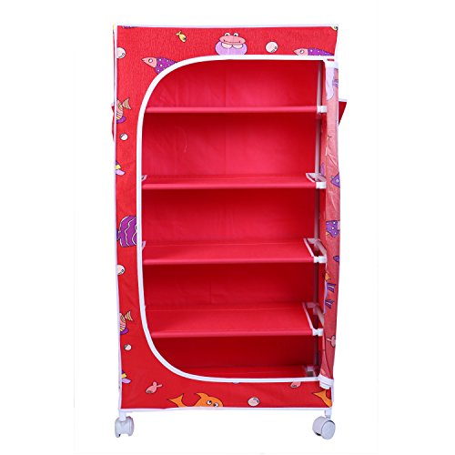 Image of Little One's Alloy Steel | 5 Shelves Baby Foldable Wardrobe | Aquatic Red (Made In India)