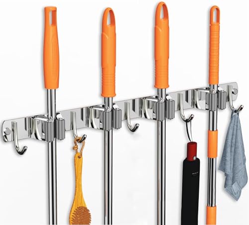 Image of Enclave Stainless Steel Mop and Broom Holder Wall Mounted Adhesive Storage Solutions for Broom mop etc, Garage Storage Systems Broom Organizer. (4 RACK 5 HOOK /SILVER, PACK OF 1)