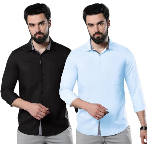 Image of Pinkmint Combo of Men Casual Cotton Blend Full Sleeves Formal Regular Slim Fit Plain Office Shirts