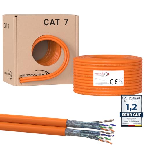 RedStar24 CAT7 Duplex Kabel 50m Verlegekabel Netzwerkkabel CAT 7 Twin LAN Installationskabel SFTP PIMF Kat.7 Netzwerk Ethernet Verkabelung Datenkabel Gigabit Kupfer Ethernet AWG23/1 Duplex 50m