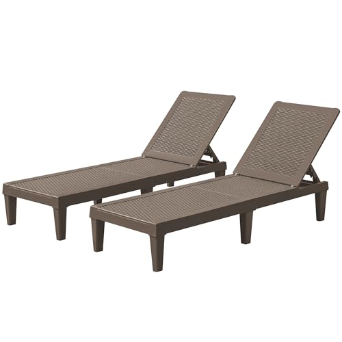 Flamaker Outdoor Lounge Chairs PE Waterproof Chaise Lounge with 5-Position Adjustable Backrest Easy Assembly Pool Lounge Chairs for Deck, Lawn, Beach (Deep Brown)