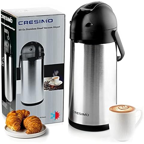 3L Pump Action Airpot - Thermal Coffee Flask, Stainless Steel Insulated Vacuum Airpot Flask,12 Hours Hot / 24 Hours Cold, Hot Water Dispenser, Tea Jug, Lab Tested Pump Flask for Hot Drinks - Cresimo Cover