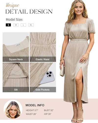 Image of ECOWISH Women Maxi Dresses Cocktail Party Wedding Guest Formal Pleated Long Dress Short Sleeve Slit Empire Waist Evening Gown