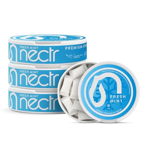 Image of Nectr Energy 50mg Caffeine Pouches - Fresh Mint Flavored, Sugar-Free Brain Treats. 20x Mini Nicotine-Free Pouches Per Puck. Fast Focus & Energy Supplement - 4 Pack