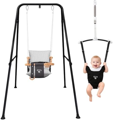2-in-1 Baby Jumper & Swing – Foldable Stand, Stable Toddler Swing Set for Indoor & Outdoor Use (Black)