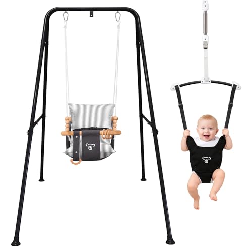 Image of 2-in-1 Baby Jumper & Swing - Foldable Stand, Stable Toddler Swing Set for Indoor & Outdoor Use (Black)