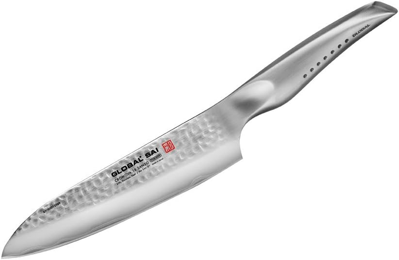 Global SAI 7 1/2 inch Chef's Knife - Lightweight Japanese Stainless Steel, Razor-Sharp Edge, Hand Hammered Blade, Thumb Rest, Made in Japan, SAI-01