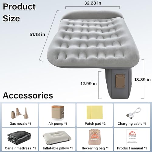 Image of Coverado Car Air Mattress Back Seat, Portable Inflatable Car Bed with Built-in Wireless Rechargeable Air Pump & Pillow, Comfort All-in-One Travel Backseat Air Mattress for Truck Suvs Sedan, L-51,W-32