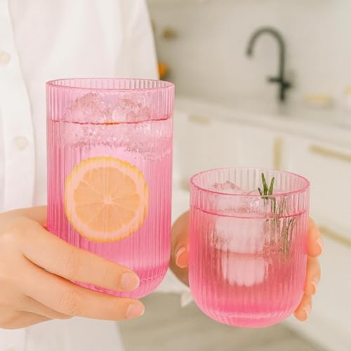 Khen Ribbed Textured Glassware | 8 Piece Set with 4 Highball 12.85oz and Lowball 9.13oz Tumblers Durable Reusable Water Juice Soda Iced Coffee Cocktail Lemonade Cups Dishwasher Safe