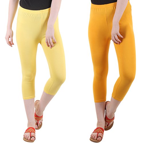 Image of DIAZ Women Cotton Stretchable Capri | Slim /Regular Fit | Breathable Yoga, Gym & Lounge Wear | High-Waist Stretchable 3 /4 Length Leggings with Wide Waistband - Pack of 2