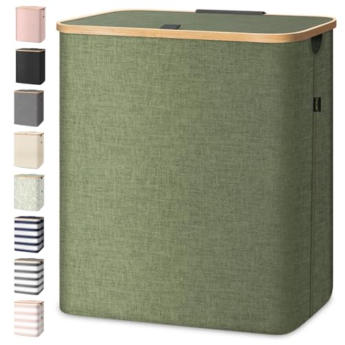 Image of BALEINE Laundry Hamper with Lid, Tall Laundry Baskets with Bamboo Pull Handles, Large Laundry Bin with Internal Support (36 Gal/140L, Green)