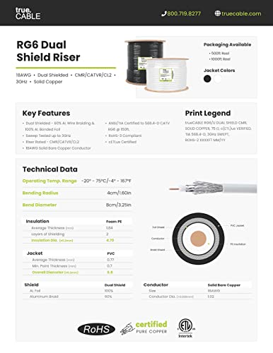 True Cable 6DSCMRBCBLK_500RL Truecable Rg6 Dual Shield Coax, 500Ft, Black, Riser Rated (Cmr/Catvr/Cl2), Bare Copper Conductor Coaxial Cable thumb #4