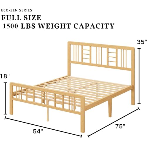 Image of ZIYOO 12 Inch Full Bamboo Bed Frame with Headboard, Modern Minimalist