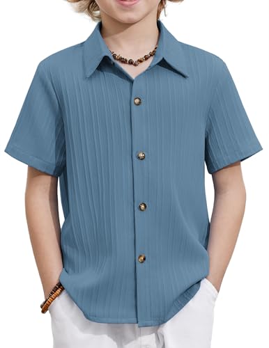 Image of Arshiner Boys Casual Short Sleeve Button Down Shirt Fashion Textured Summer Beach Shirt 3-13 Years Old