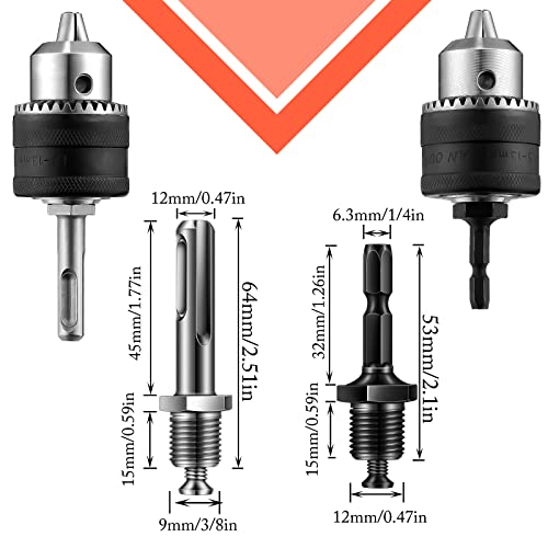 Lothee 6 Pcs 1/2-20unf Mount 1.5-13 mm Capacity Drill Chuck Set with Converter Impact Driver Bits Chuck Drill Wrench 1/4 Inch Hex Shank 1/2 Inch Shank and Socket Square Female Adapter - Thumbnail 3