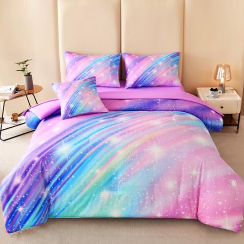 Image of Full Size Bedding Set for Girls, Glitter Rainbow Comforter Set Full, 6 pcs Bed in A Bag Full Size Comforter Sets for Girls Kids, Galaxy Purple Bedding Sets with Sheets