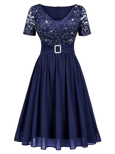 Miusol Women's V-Neck Sparkling Sequin Short Sleeves Empire Waist Cocktail Prom Dress2