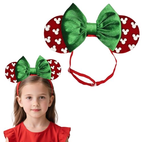 JIAHANG Christmas Velvet Mouse Ear Elastic Headband with Beadings Pearls, Adjustable Hair Bow Hairband Fashion Headwear for Baby Girls Infant Toddlers
