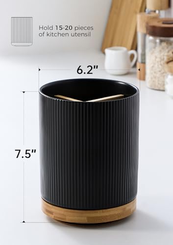 Image of LoeJan 3 Compartment Utensil Holder, Extra Large Utensil Crock, Stable Ceramic Utensil Organizer, Cooking Tool Organizer Set for Kitchen Counter Farmhouse Decor (B-Black(Vertical Stripe))