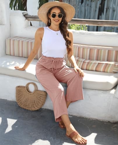 Image of siliteelon Wide Leg Linen Pants for Women Summer Capri Palazzo Flowy Pants Casual Loose High Waist Trousers with Pockets