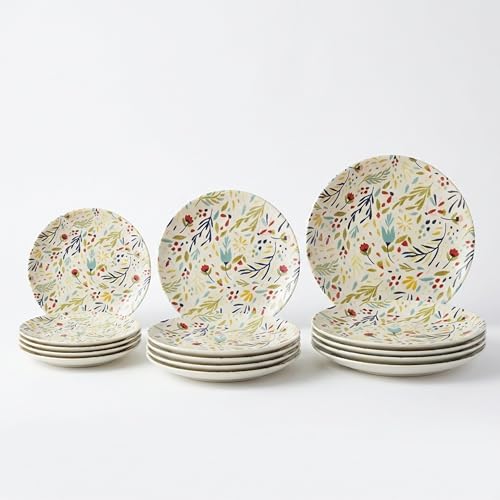 SANTA CLARA | Vajilla Completa 12 Piezas Cerámica Stoneware Redonda para 4 Personas, Apta Microondas y Lavavajillas, Vajilla Julia con Diseño Floral para Hogar y Cocina