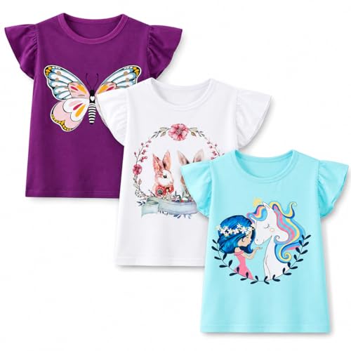 Image of Girls Graphic T Shirts 3 Pack 100% Cotton Short Sleeve Tees for Toddler Little Big Girls Cute Printed Casual Summer Tops
