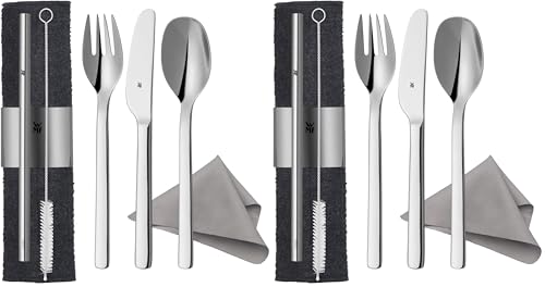 WMF my2Go, Edelstahl, Besteck Set 8-teilig, Outdoor Reisebesteck Set 1 Person, Campingbesteck mit Etui, Wanderbesteck umweltfreundlich, Strohhalm, Reinigungsbürste, Camping Zubehör Geschenk