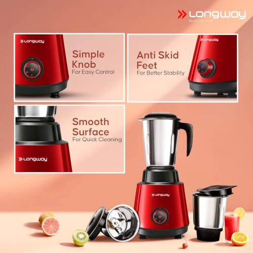 Image of Longway Super Pro Juicer Mixer Grinder | Up to 750W Max Output Powerful Motor | 4 Jars for Grinding, Mixing, Juicing | 2 Years Warranty (Red & Wine)