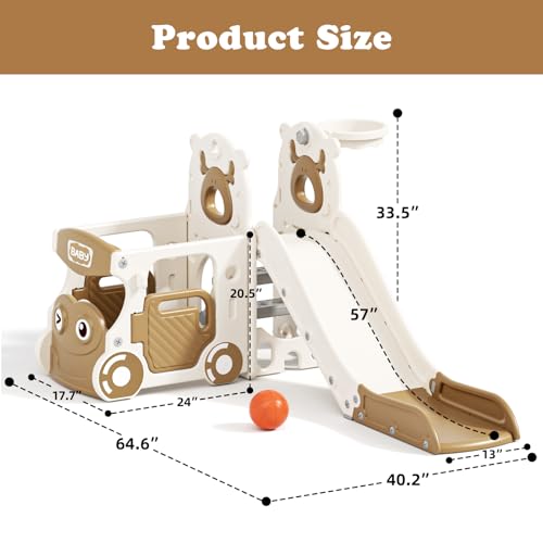 Image of XJD 10 in 1 Toddler Slide, Kids Slide for Toddlers 1-3, Toddler Play Climber Slide Playset with Basketball Hoop and Ball,Toddlers Outdoor Indoor Playground (Brown, Small)