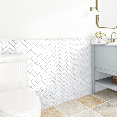 Skyblur White Herringbone 3D Peel and Stick Backsplash Tile - 10 Sheets Glossy Wall Tiles for Kitchen Bathroom PVC Self Adhesive Tiles for Walls Fireplace 12"x12" by Skyblur - Used condition - Image 3