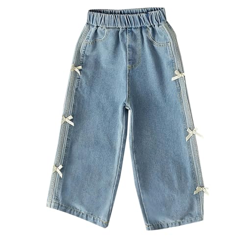 Girls 𝐘2K Bow Print Jeans Baggy Cute Bowknot Elastic Waisted Wide Leg Denim Pants Teen Fall Straight Loose Trouser